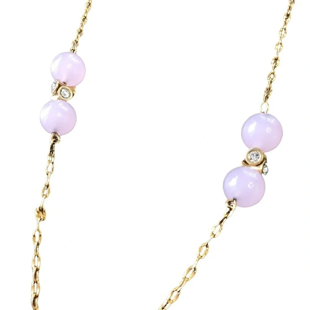 J Crew Gold Tone Long Necklace Pink Opaque Glass Marble Stations Rhinestones 40”